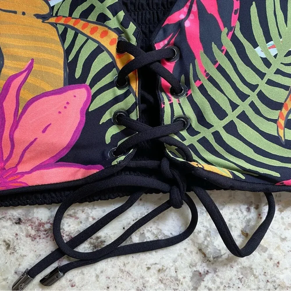 Maaji $79 Hat Black Dazzling Reversible Lace Up Bikini Top sz SMALL